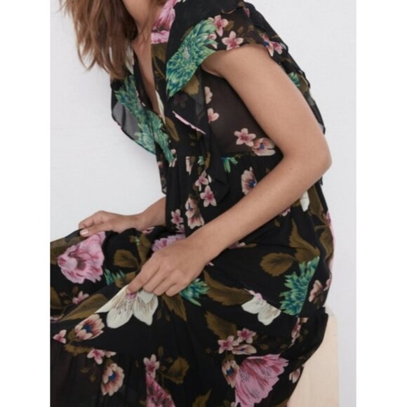 ZARA LOOSE-FITTING V-NECK RUFFLED FLORAL PRINT DRESS Size XS-S - Picture 10 of 10